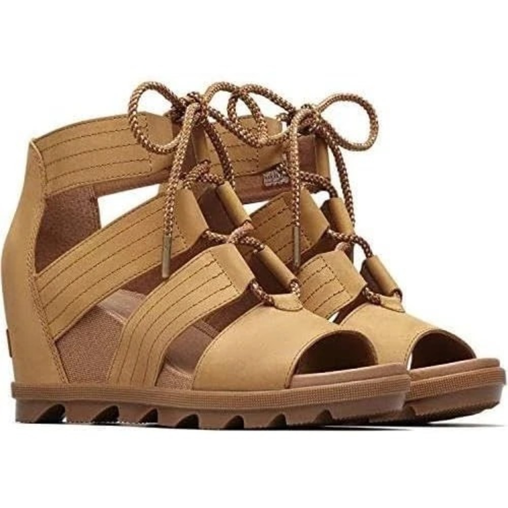 Sorel Joanie II Lace Wedge Sandal Leather Womens 7.5 Camel Gladiator Open Toe